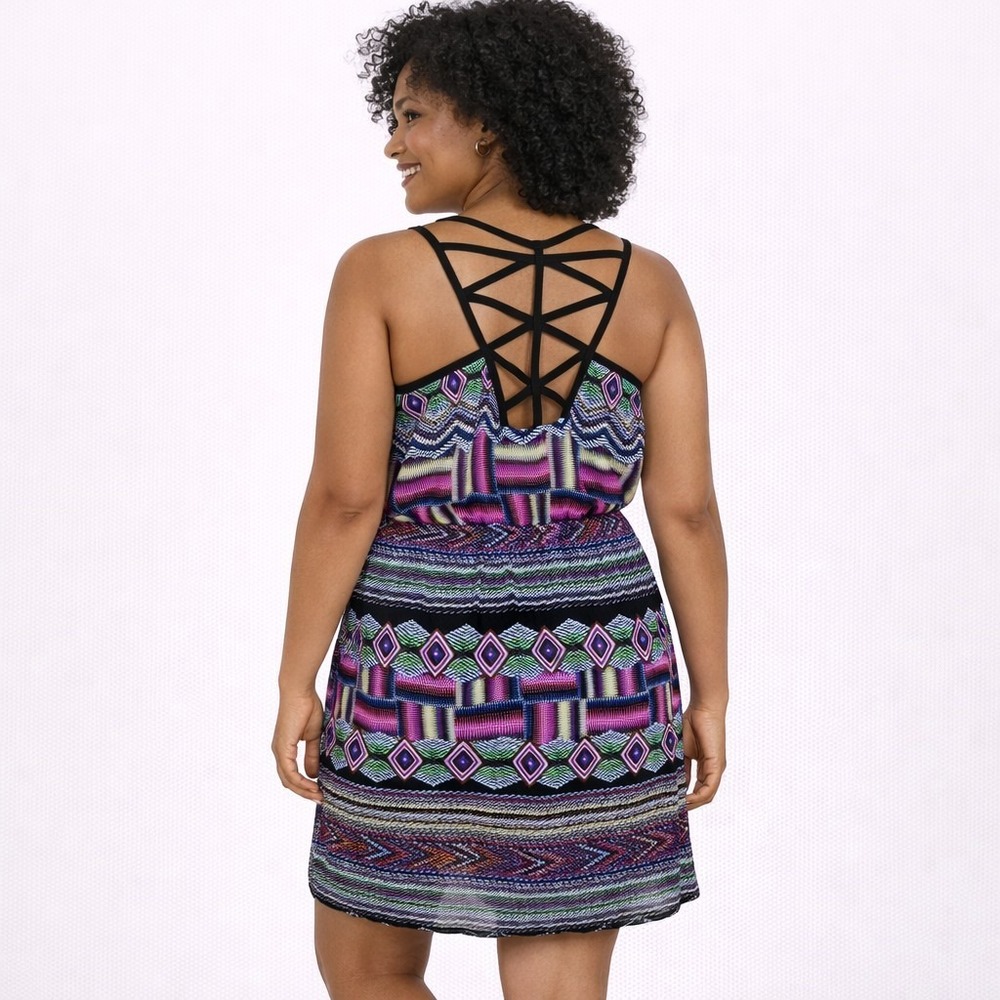 PAPERDOLL Size Large Open Back Tribal‎ Print Chiffon V-Neck Mini Blouson Dress